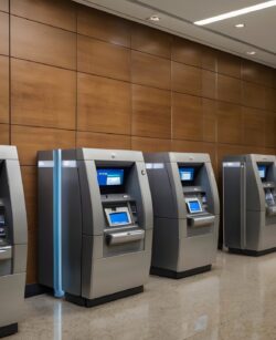 A high-resolution image of a modern bank interior with rows of ATMs and clean counters A high-resolution image of a modern bank interior with rows of ATMs and clean counters